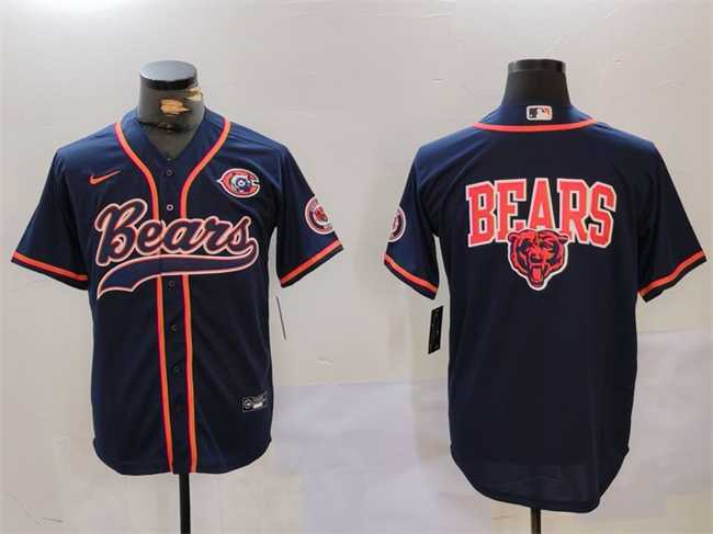 Mens Chicago Bears Navy Team Big Logo With Patch Cool Base Stitched Baseball Jersey